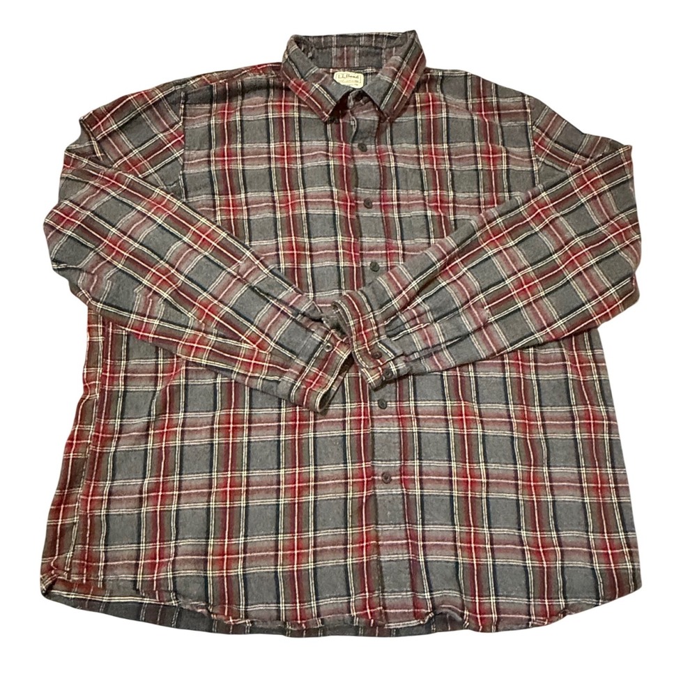 LL Bean Mens XL Traditional Fit‎ Flannel Shirt Grey Red Plaid Cotton 228061